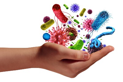 graphic of a hand holding a bunch of different microbes