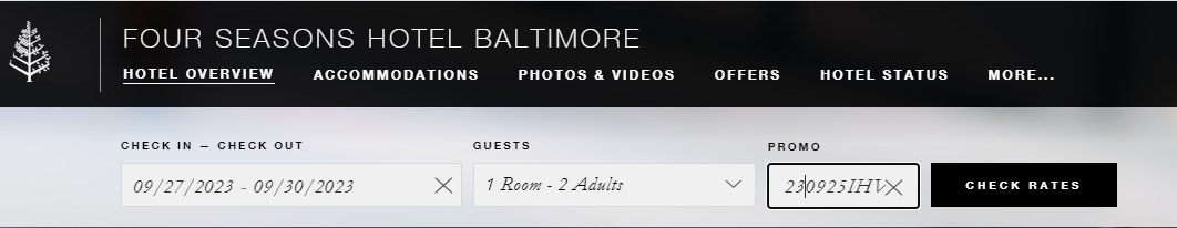 Screenshot of the Hotel website with Promo Code