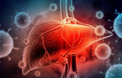 Graphic of the hepatitis virus and a liver